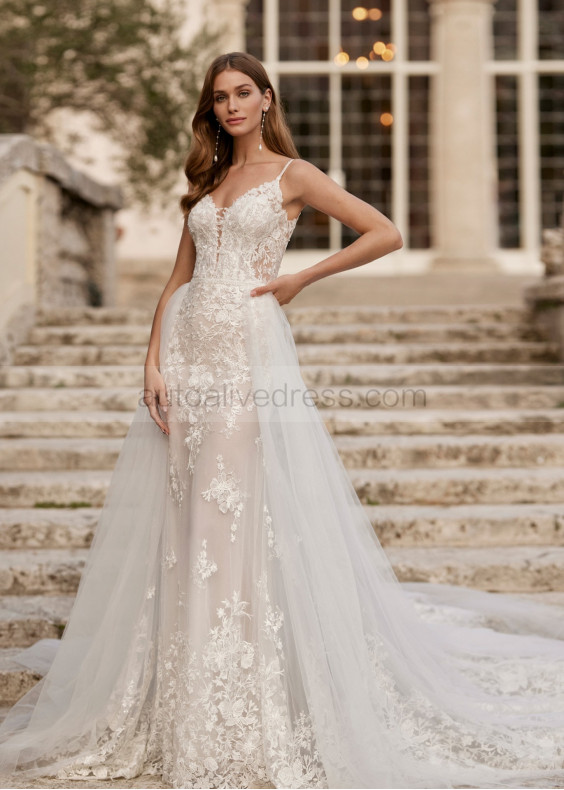 Beaded Spaghetti Straps Ivory Lace Tulle Floral Wedding Dress Beaded Spaghetti Straps Ivory Lace Tulle Floral Wedding Dress